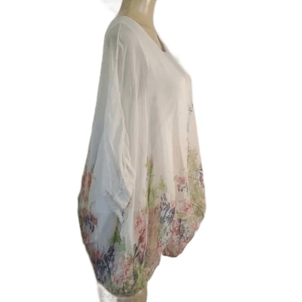 Elena Baldi Ivory Floral Tops 100% Silk Dolman Sleeve blouse size L - Picture 2 of 10